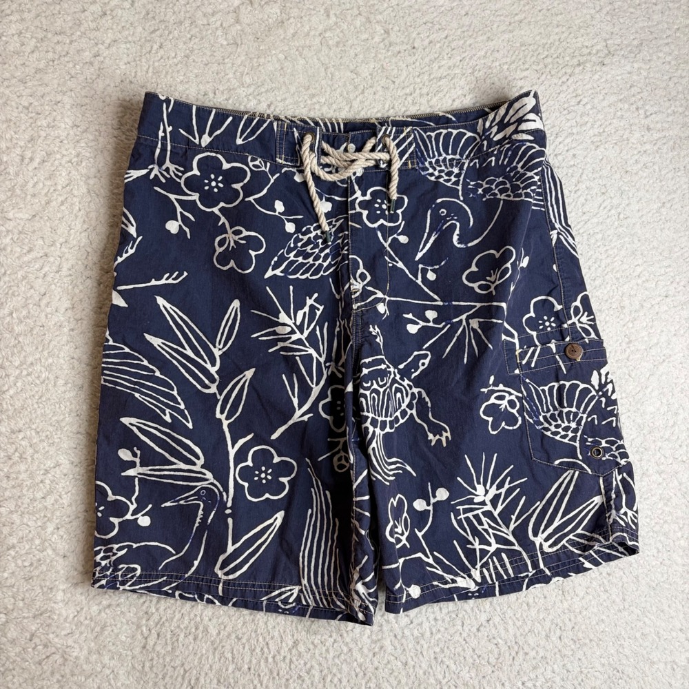 Polo Ralph Lauren Board Shorts Mens 34 Navy White Turtle Crane Print Swim Trunks
